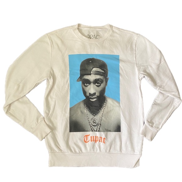 Women’s Tupac Printed Crewneck Sweatshirt 2Pac Rap Hiphop White and Blue Size S - Picture 4 of 6